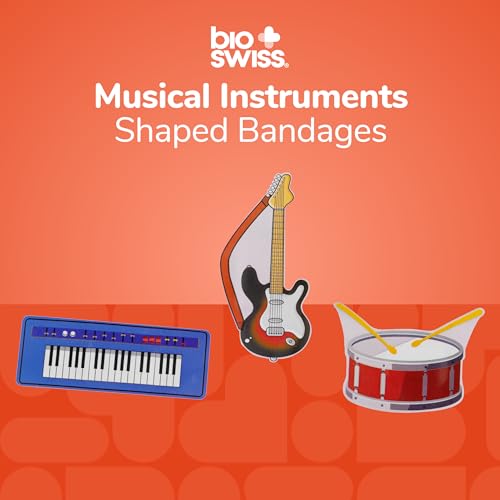 BioSwiss Bandages, Musical Instruments Shaped Self Adhesive Bandage Set, Latex Free, Sterile Wound Care, 24 Count - color: Musical Instruments, size: 24-Count Box