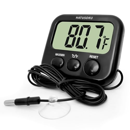 HATUSOKU Digital Thermometer with External Sensor, Magnet, Suction Cup, Water Thermometer, Aquarium, Refrigerator, Freezer (Black)