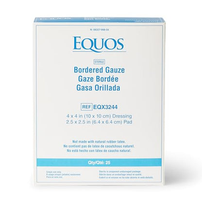 EQUOS Bordered Gauze Island Dressing, 25 Count, 4" x 4" Sterile Individually Wrapped Gauze Pads with Soaker Pad and Non-Woven Backing, Soft and Breathable Wound Dressing for First Aid and Medical
