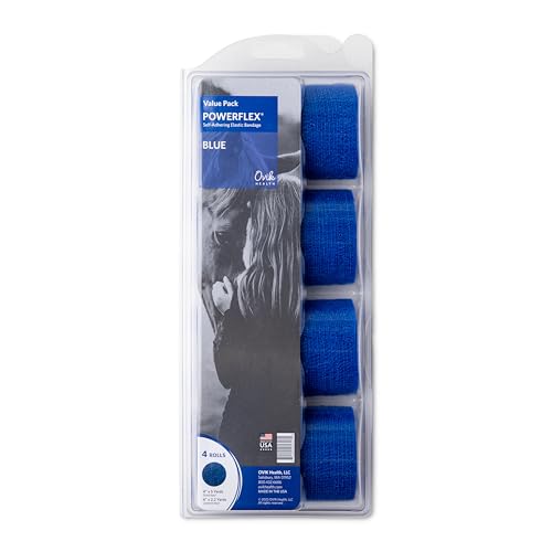 OVIK Health PowerFlex Equine – Extra Strong Self-Adhering Bandage Wrap – Wound Care, Compression & Support Bandage for Horses, Cows & Dogs – Blue, 4 inch, 4 Rolls (Resealable Case) - color: Blue