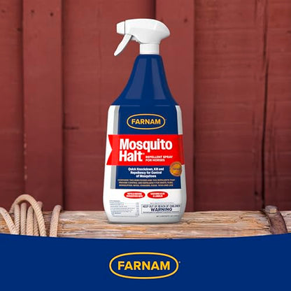 Farnam Mosquito Halt Repellent Spray for Horses, 32 oz | Bug repellent spray kills and repels; Also repels face flies, stable flies, house flies, gnats, mites, chiggers and lice - size: 32 Fl Oz (Pack of 1)