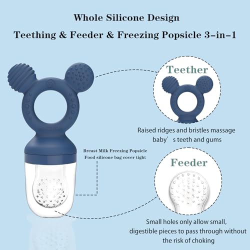 Baby Fruit Feeder, Frozen Teething Toys, Infants Teether Pacifier with 3 Extra Teats, Toddler Eating Essentials, BPA Free Feeding Supplies (Steel Blue) - color: Blue