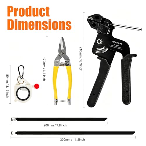 Stainless Steel Cable Tie Gun Kit：With 300pcs Uv Resistant Black Metal Zip Ties Heavy Duty Outdoor (150 Each of 8, 12 Inch) Adjustable Fastening Cutting Tie Tool Sets，for Chainlink Fence，Exhaust Wrap