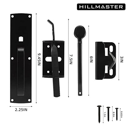 Hillmaster Self-Closing Thumb Gate Latch - Heavy Duty for Wooden, Metal & Vinyl Fences - Black Finish