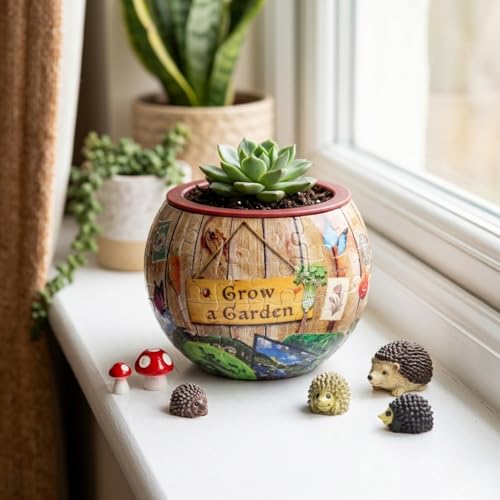 'Grow a Garden' 3D Puzzle Planter - 80 Piece Flowerpot Puzzle for Kids & Adults, No Glue Required - Functional Water-Resistant Pot - Includes 3 Mini Hedgehogs & 3 Mushrooms, Spartan & The Green Egg