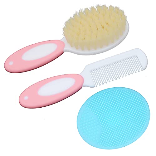 Baby Hair Brush &Silicone Baby Cradle Cap Brush Set, for Newborns & Toddlers-Natural Soft Goat Bristles-Ideal for Cradle Cap-Perfect Baby Registry Gift (Pink) - color: Pink