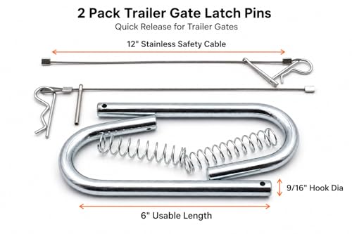 Grizzly Made 2 Pack Trailer Gate Latch Pin, Candy Cane Quick Release Spring Latch with 12" Stainless Steel Safety Cable, 9/16" Gate Pin for Utility Trailer, Farm Gate, Equipment Trailer