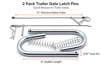 Grizzly Made 2 Pack Trailer Gate Latch Pin, Candy Cane Quick Release Spring Latch with 12" Stainless Steel Safety Cable, 9/16" Gate Pin for Utility Trailer, Farm Gate, Equipment Trailer