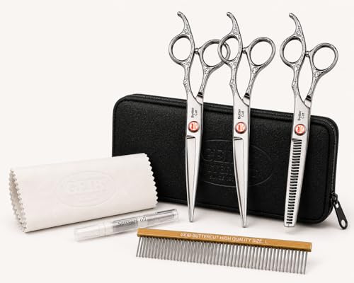 Geib Buttercut Dog Grooming Scissors Kit, Three-Piece Set with Straight, Curved and 35-Tooth Blending Shear, Stainless Steel, Zipper Case Included - style: Home Use Set