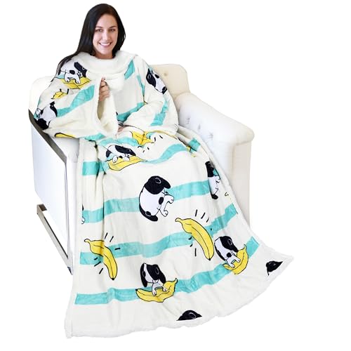 Catalonia Sherpa Wearable Blanket with Sleeves and Pocket for Adults - color: Banana Dog White, size: Standard Pocket