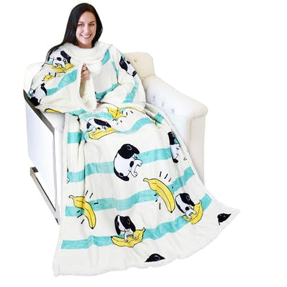 Catalonia Sherpa Wearable Blanket with Sleeves and Pocket for Adults - color: Banana Dog White, size: Standard Pocket