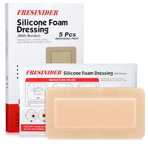 FRESINIDER 4" x 8" Pack of 5 Silicone Foam Wound Dressing - Waterproof Adhesive Bandages with Bordered - Super Absorbent & Breathable for Optimal Wound Care - color: 4" X 8", 5 Pack
