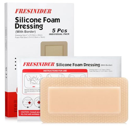 FRESINIDER 4" x 8" Pack of 5 Silicone Foam Wound Dressing - Waterproof Adhesive Bandages with Bordered - Super Absorbent & Breathable for Optimal Wound Care - color: 4" X 8", 5 Pack