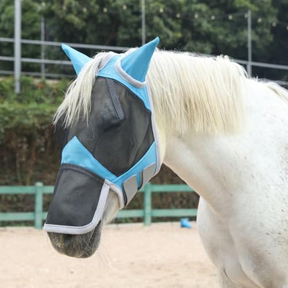 Horse Fly Mask with Ears & Long Nose, Fine Mesh Pale Blue Full - color: Pale Blue, size: Full