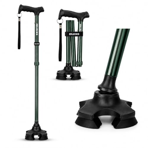 ZELECKS Walking Cane for Women & Men - Self Standing Adjustable Folding Cane with T Handle and 360 Pivot Base - Lightweight Foldable Walking Stick for Seniors - Collapsible Cane for Walking - color: Green