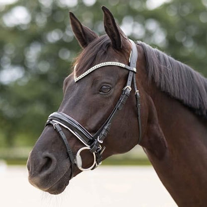 HORZE Grayson Classic Leather Ergonomic Snaffle Dressage Bridle with Detachable Flash - color: Black/White, size: Cob
