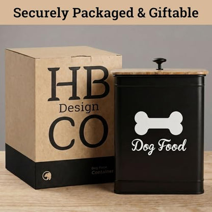 Metal Dog Food Container 5-7lb, 25 Cup w/ Airtight Bamboo Lid, Metal Handle - color: Black: Bone