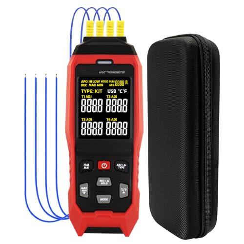 Thermocouple Thermometer Temperature Data Logger 4-Channel K/J/T Type Thermometer with 5000 Groups Data Logging and USB Export, -328~2501℉ Range HVAC Thermocouple Meter with Alarm & ADJ Compensation - color: 4 channel k type Thermometer Data Logger