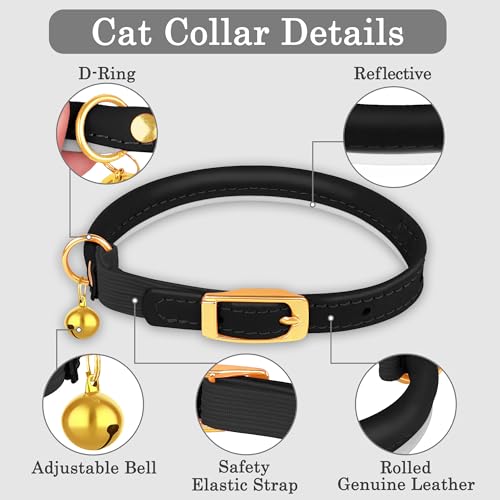 OOPSDOGGY Rolled Leather Cat Collar with Bell - Reflective Kitten Collar with Safety Elastic Strap - Adjustable Small Pet Collars for Boy Girl Cats (Black) - color: Black