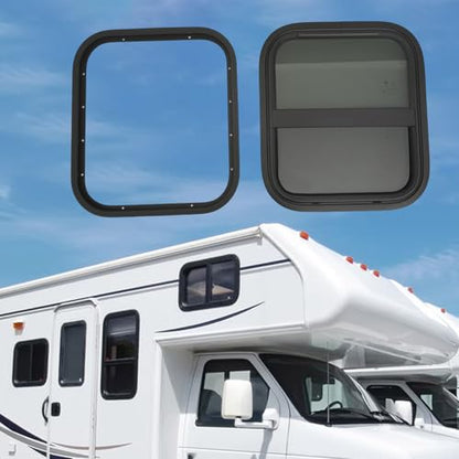RV Window, Horizontal Slide Teardrop Trailer Window with Mounting Trim Rings Set for RV Camper, Cargo, Horse Trailers Window Door Tempered Tinted Glass Replacement (14"W x 16"H, Vertical)