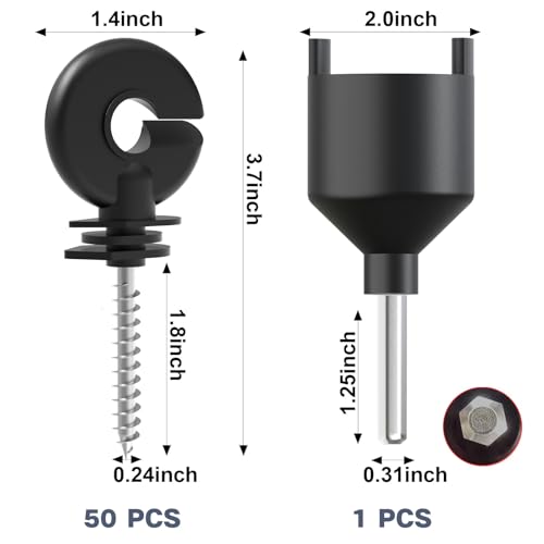 NQN 50 Pcs Black Electric Fence Insulator Screw-in Insulator Fence Ring Post Wood Post Insulator and 1 Pc Free Insulator Socket Tool (Grid System Accessories for Animal Husbandry Electronic)