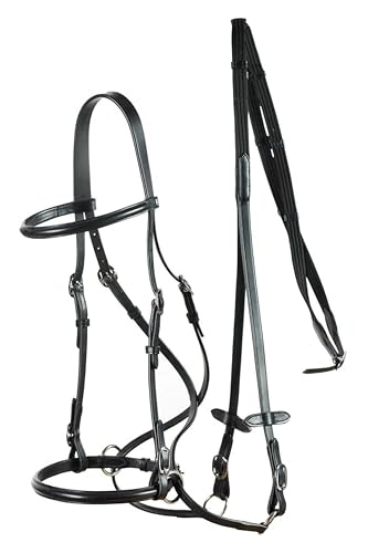 HORZE Genuine Leather Cross-Under Bitless Bridle | Includes Web Reins with Hand Stops - size: Cob