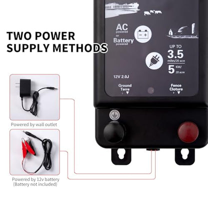 2025 New Tech 2 in 1 Electric Fence Energizer Charger Plug-in & 12V Battery, Waterproof & Safe Wide Coverage Energizer for Farms, Suburban Homes, Gardens, Livestock, Pets & More