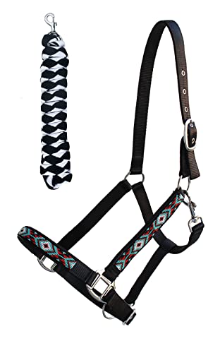 CHALLENGER Nylon Horse Beaded Halter Nickle Plated Hardware w/Lead Rope Tack Blue 606175 - color: Black, size: Cob Size