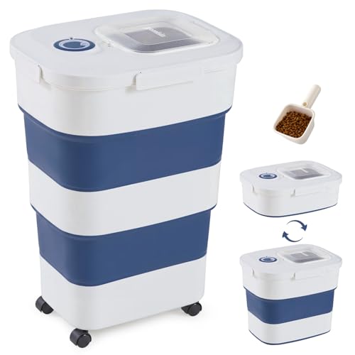 ZOMISIA 40-50lbs Collapsible Dog Food Storage Container with Wheels, Blue - color: Blue