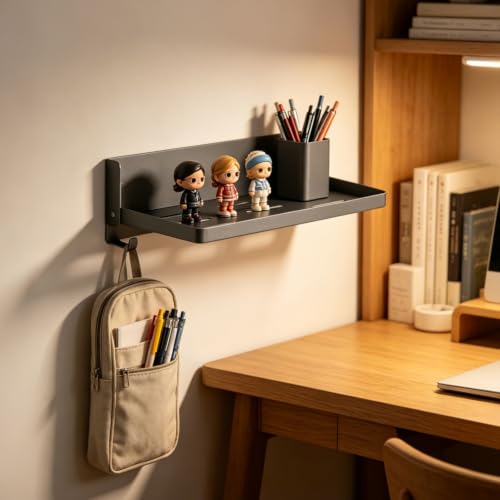 Small Folding Metal Shelf with Hooks, Fold-up Wall Shelf, 6 Hooks