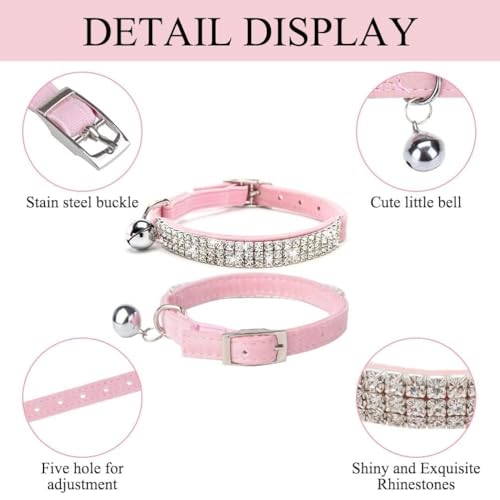 BINGPET Diamond Cat Collar with Bell,Adjustable Kitten Collar, Pink&Black - color: Pink & Black(Rhinestones), size: Neck Girth 8"-10"
