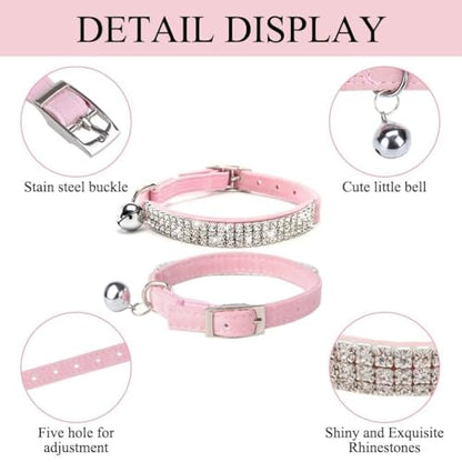 BINGPET Diamond Cat Collar with Bell,Adjustable Kitten Collar, Pink&Black - color: Pink & Black(Rhinestones), size: Neck Girth 8"-10"