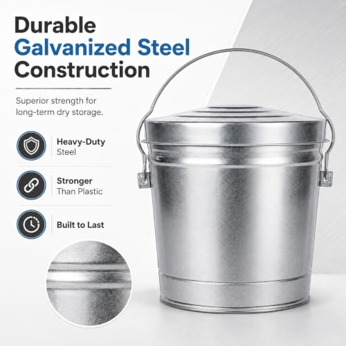 6 Gallon Galvanized Steel Storage Can with Locking Lid, Heavy Duty Rodent-Proof Metal Pail with Wire Bail Handle for Bird Seed, Chicken Feed, Dry Pet Food, Charcoal Ash and Outdoor Storage
