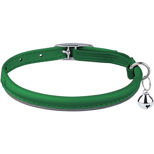 OOPSDOGGY Rolled Leather Cat Collar with Bell, Reflective Kitten Collars with Buckle Include Safety Elastic Strap - Adjustable Small Pet Collars for Boy Girl Cats (Green) - color: Green