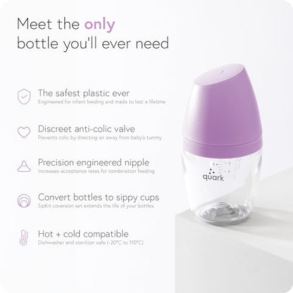 BuubiBottle Mini Slow Flow Bottle for Newborn Babies by Quark - with Anti-Colic RealFeel Nipple to Simulate Breastfeeding - BPA-Free, PVC-Free, Toxin-Free - 5 Oz Bottle with Lid, 2 Pack - Purple - color: Purple