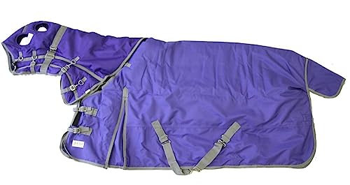 AJ Tack 1200D Waterproof Winter Horse Blanket with Hood - 400g Heavyweight Turnout with Fleece Collar, Shoulder Gussets & Tail Flap - Purple 84"