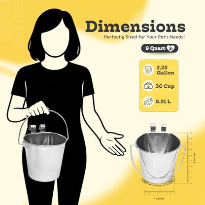 9 Quart Stainless Steel Flat Sided Bucket with Dual Hooks | 2 Pcs Food & Water Bowl for XL Dog Goat Cattle Horse & Livestock | Fits kennel Crate Cages Farm Hanging Pet Pail | Multipurpose - size: 9 Quart (Pack of 2)