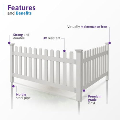 WamBam Newport Picket Fence, White Vinyl DIY No Dig Kit - color: Newport Fence