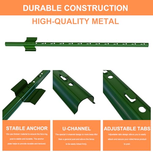 4 Feet (L) Fence Post 10 Pack Metal Fence Posts, Green Garden Fence Post with 20 Zip Ties and 20 Metal Clips, for Wire Fencing, Yard, Lawn, Outdoor Landscaping