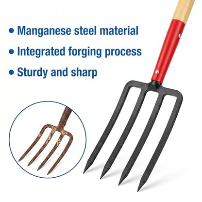 Pitch Fork Pitchfork,4-Tine 45Inch Wood Y-Grip Garden Spading Fork | Heavy duty steel fork,wide anti-clog tines,hardwood Y grip for clay soil, compost, mulch and vegetable gardening.