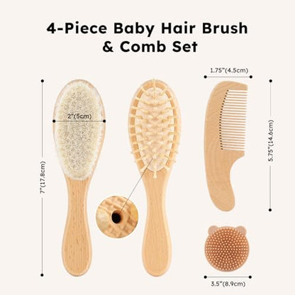 Yoofoss 4 Piece Baby Brush and Comb Set, Wooden Baby Brush with Natural Ultra Soft Goat Hair, Baby Hair Brush for Newborn, Baby Brush Set for Boy Girl - color: Wood