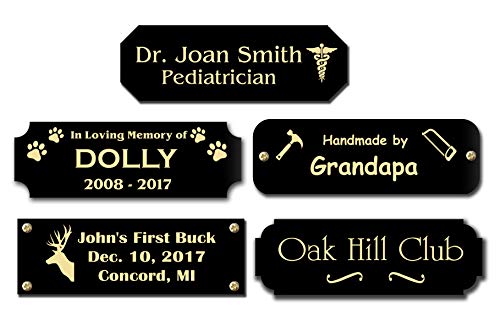 Gloss Black Brass Nameplate Personalized Custom Laser Engraved Sign Tag Notched Square or Round Corners Choose Your Size and Text Gold Text