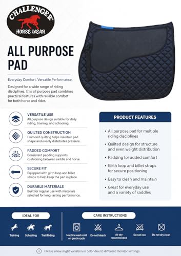 CHALLENGER Horse 23" x 20" English All-Purpose Contoured Quilted Trail Saddle Pad 72143 - color: 블랙.