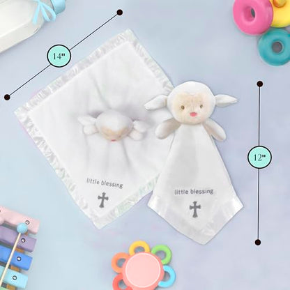 Lamb Lovey, Baptism Gifts for Girl & Boys - Loveys for Babies, Soft Embroidered Baby Blanket with Cross, Baptism Blanket for Newborns & Toddlers, Oeko-TEX Certified,14 inch