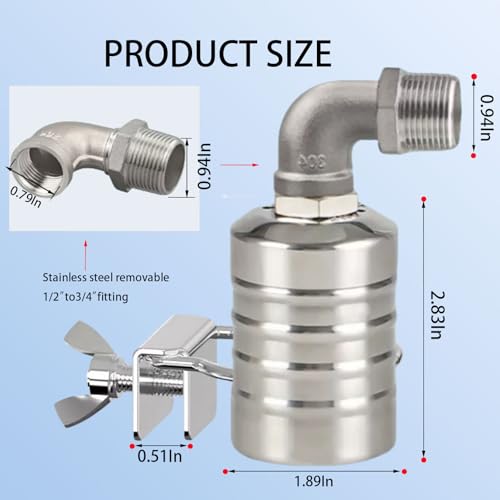 Float Valve1/2" 3/4" Auto Shut Off Mini Float Valve,304 Stainless Steel Auto Water Level Control Valve for Water Tank,Pool,Water Tank, Livestock Troughs 2pcs
