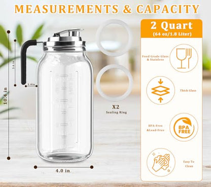 Glass Pitcher With Lid,304 Stainless Steel Lid,2 Seal Ring,64 oz(2 Quart/1.8 Liter),Mason Jar Cold Brew Water Iced Tea Brewing Breast Milk Pitcher,Sun Tea Glass Jar For Outside,Pitchers For Drinks - color: Black