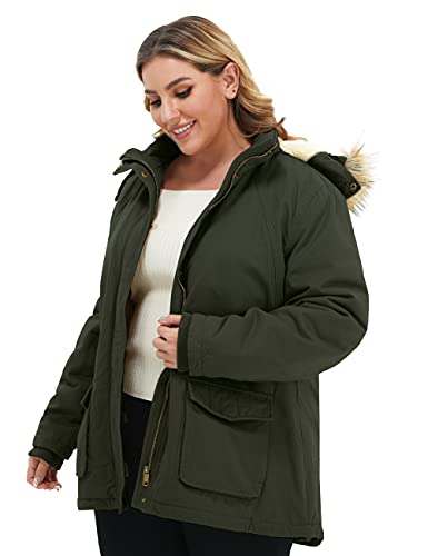 Soularge Women's Winter Plus Size Sherpa Lined Jacket with Hood | Women's Plus Size Workwear Fit,100% Cotton Outer Shell,Soft Fleece Lining,Windproof Stand Collar - color: Army Green, size: 5X