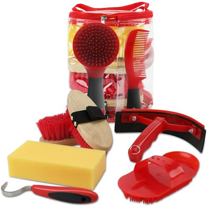 Horse Grooming Kit, 9-Piece Horse Brush Set with Tote Bag, Red - color: Red