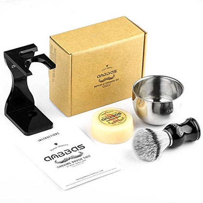 Anbbas Faux Badger Shaving Brush Set with 3.5OZ Milk Shaving Soap and Bowl Stainless Steel,Black Acrylic Shaving Stand Holer for DE Razor Men Close Shave Kit | Synthetic Badger Nylon Bristles Good Water Absorption Skin Friendly No Shedding Morning Persona