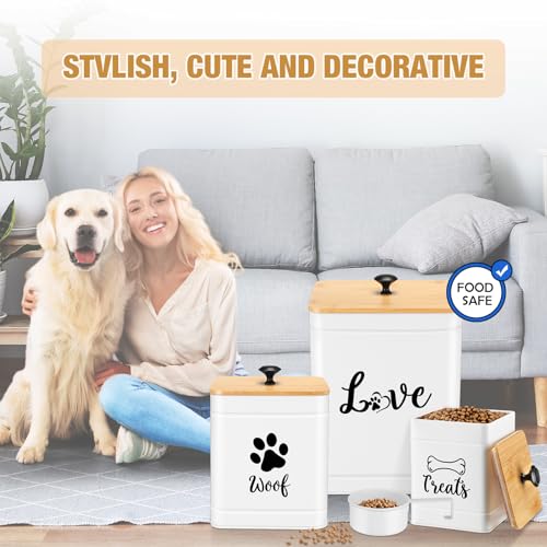 Jingmore Metal Dog Treat Containers Set of 3 with Bamboo Lids and Spoon Airtight 7+3+2 lbs Dog Food Snack Jars with DIY Labels Big Pet Cookie Storage Jar for Kitchen Counter(White,Modern) - color: White, style: Modern